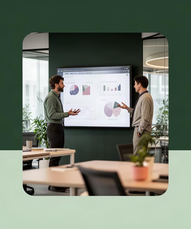 Consultant reviewing business analytics on a large screen in a calm UK office