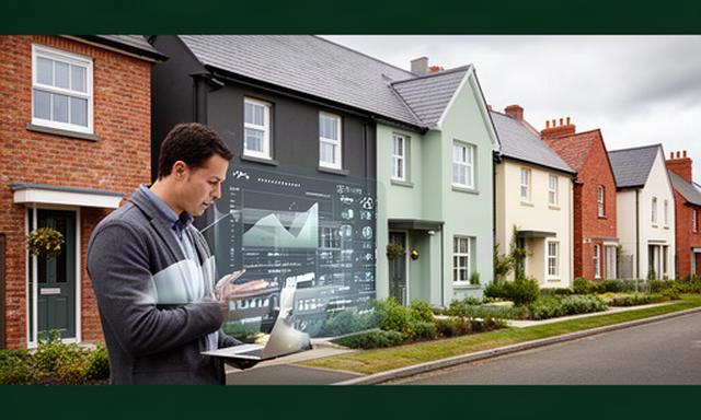 Property manager reviewing a portfolio dashboard beside modern British homes