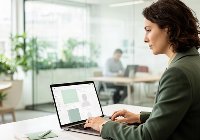 Recruitment consultant reviewing candidate profiles on a laptop in a bright UK agency office